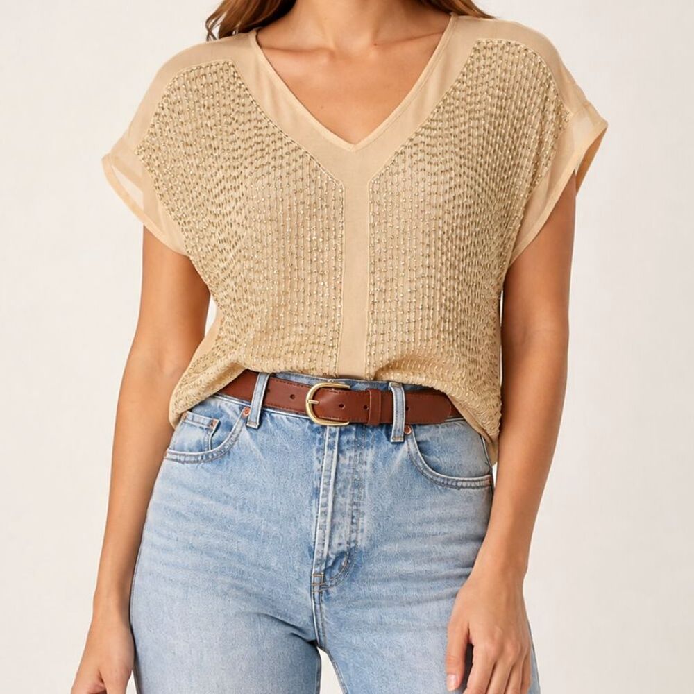 Beige Silver Beaded V Neck Blouse Size Small